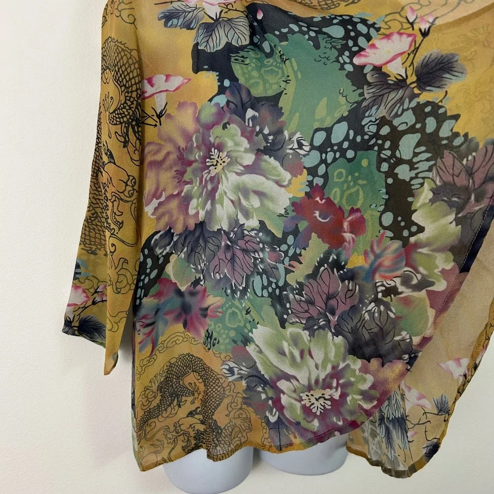 Citron Santa Monica 100% Silk Dragon Floral Open Front Kimono Cardigan Small